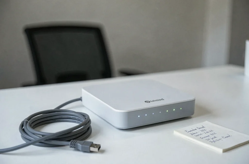 Routeur WiFi domestique avec câble Ethernet et identifiants réseau manuscrits sur un bureau blanc épuré