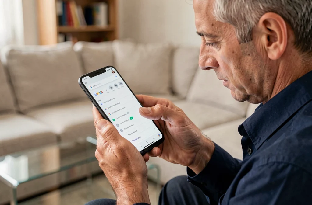Homme configurant les paramètres SafeSearch de Google sur un smartphone Android dans un salon
