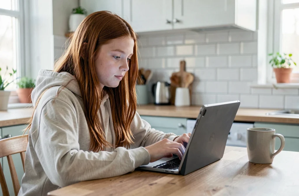 Adolescente configurant SafeSearch Google sur une tablette dans une cuisine familiale