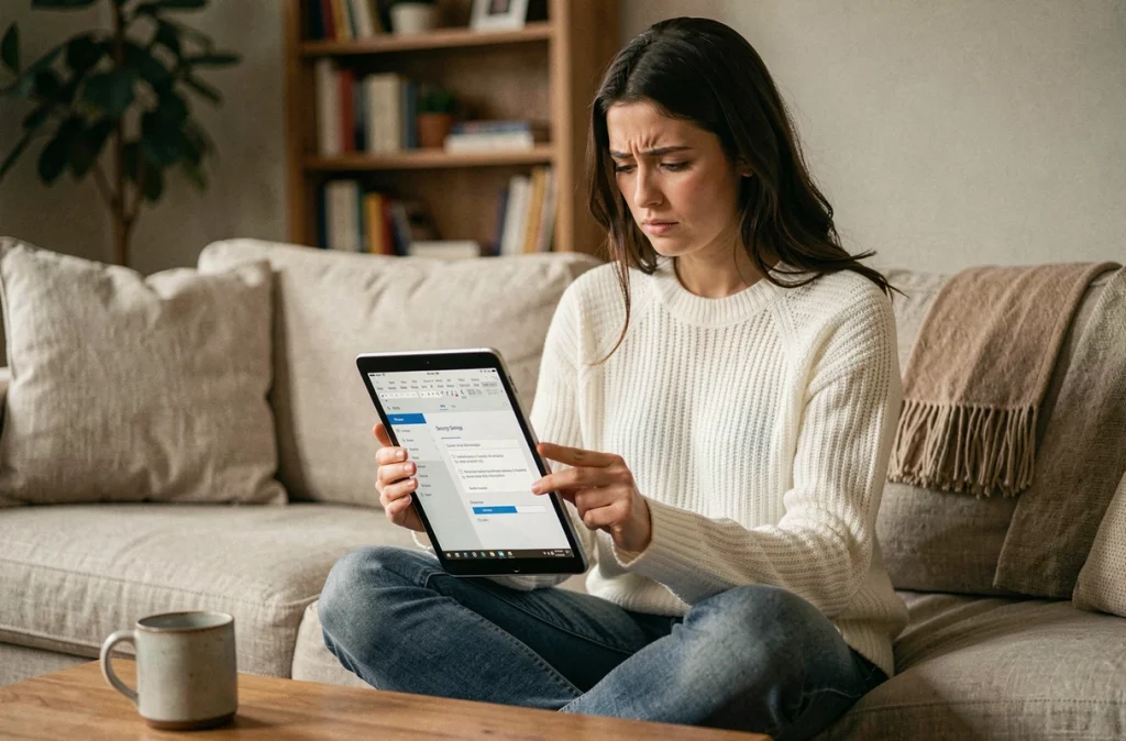 Jeune femme sécurisant un document Word avec un mot de passe depuis une tablette dans son salon