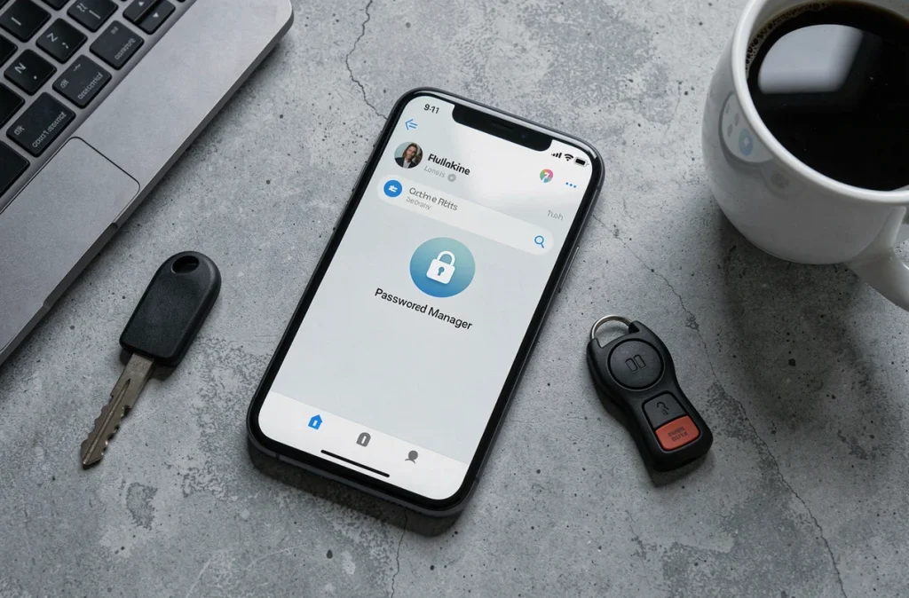Vue de dessus d'un smartphone avec gestionnaire de mots de passe, clé de sécurité et ordinateur portable sur bureau en béton