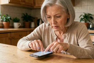 Une femme senior appuyant sur les boutons d'un Samsung Galaxy pour faire une capture d'écran à la maison