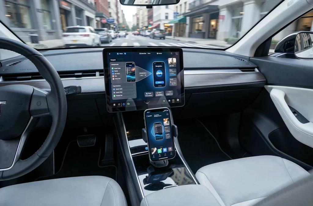 Intégration d'un smartphone dans le tableau de bord d'une Tesla Model 3 avec interface synchronisée