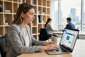 Femme utilisant OneDrive sur un ordinateur portable dans un bureau moderne pour synchroniser des documents professionnels