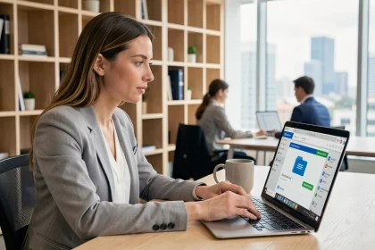 Femme utilisant OneDrive sur un ordinateur portable dans un bureau moderne pour synchroniser des documents professionnels