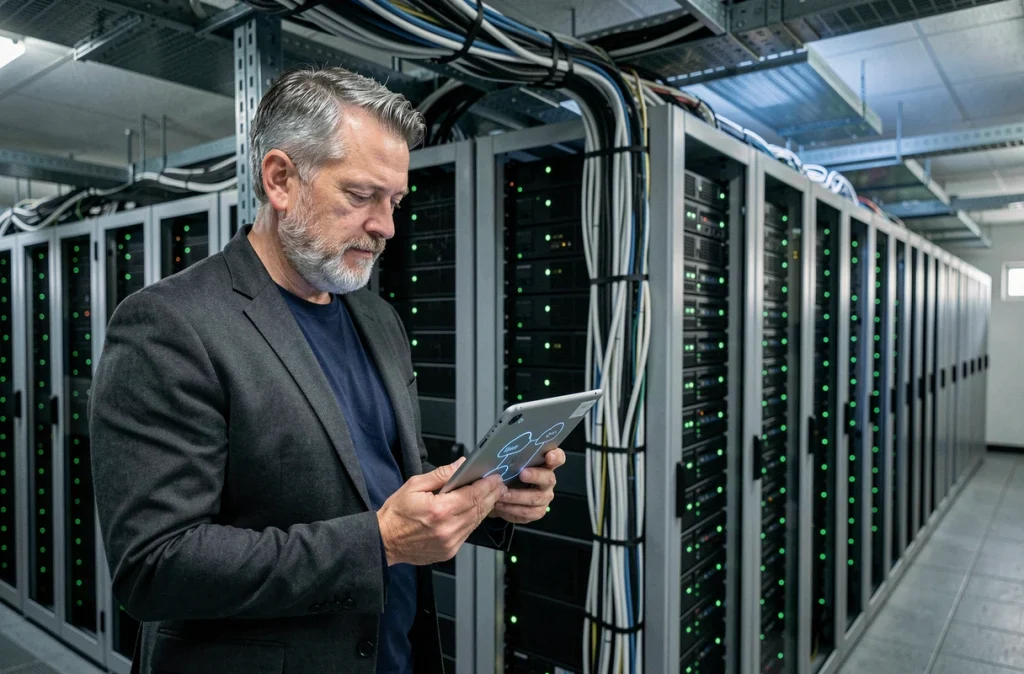 Technicien informatique inspectant une infrastructure de serveurs dans un centre de données cloud