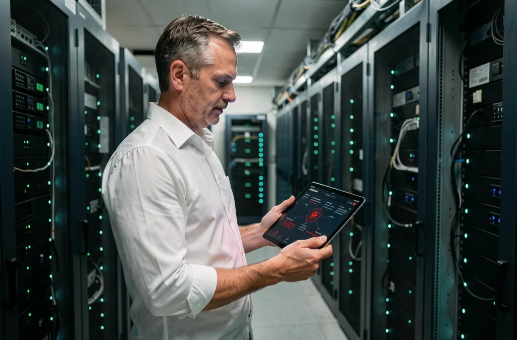 Technicien informatique masculin dans une salle serveur consultant une alerte d'intrusion réseau sur tablette, symbolisant les risques de l'ingénierie sociale pour les données personnelles