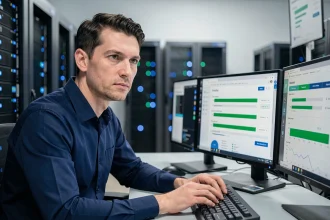 Technicien informatique supervisant une sauvegarde automatique de données sur des écrans multiples dans une salle serveur