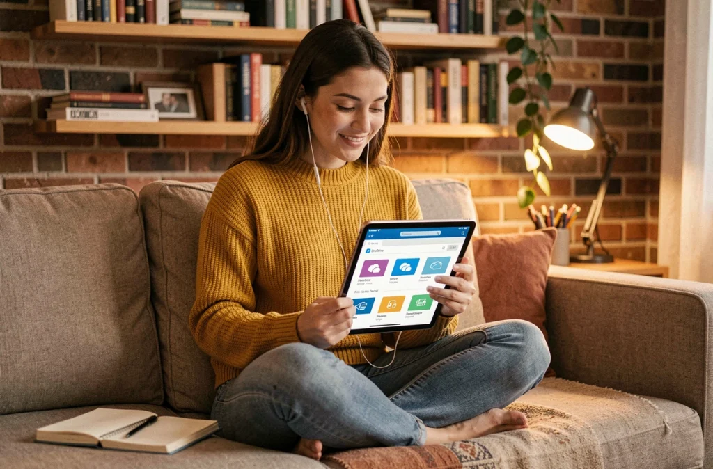 Jeune femme travaillant depuis chez elle sur OneDrive via une tablette pour partager des fichiers en équipe