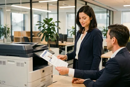 Femme remettant des documents imprimés à un collègue dans un bureau open-space avec une imprimante multifonction moderne