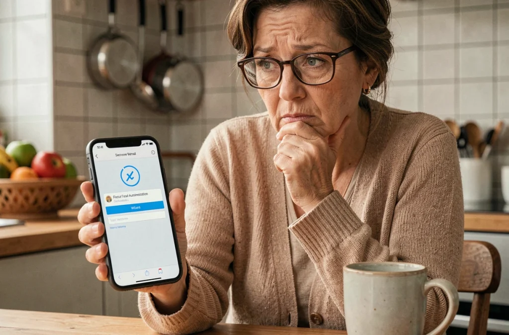 Femme d'âge mûr vérifiant ses identifiants webmail Amiens sur smartphone avec authentification sécurisée