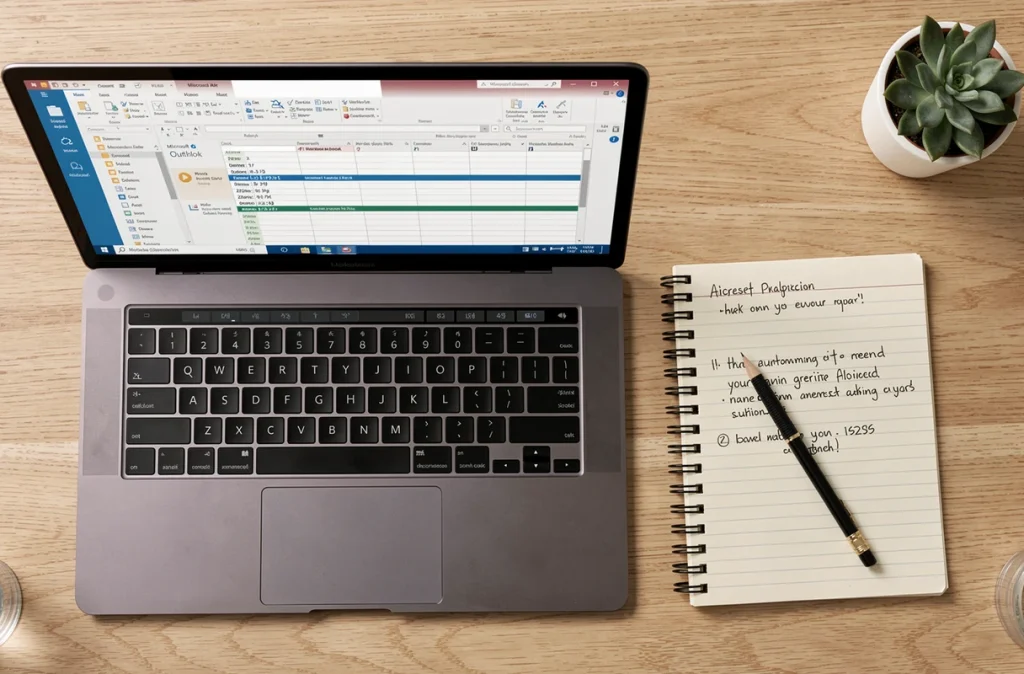 Vue aérienne d'un bureau minimaliste avec Outlook ouvert sur la planification d'emails automatiques et un carnet de notes