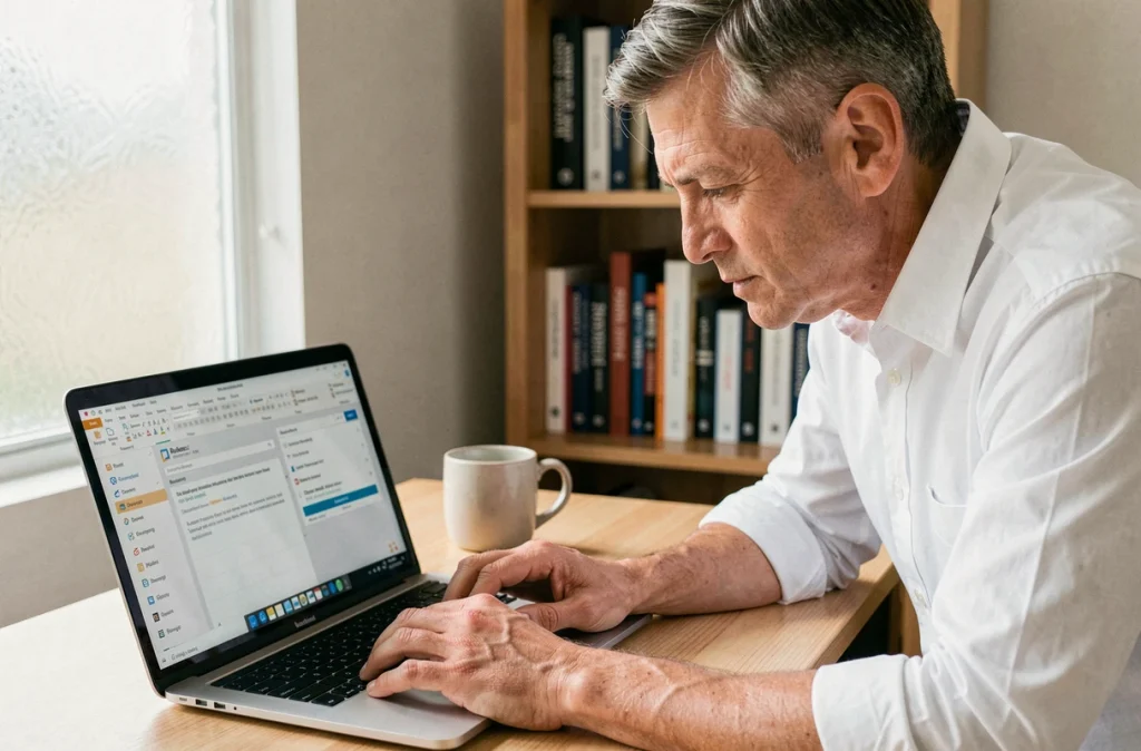 Homme d'affaires consultant un workflow d'emails programmés sur Outlook depuis son bureau à domicile