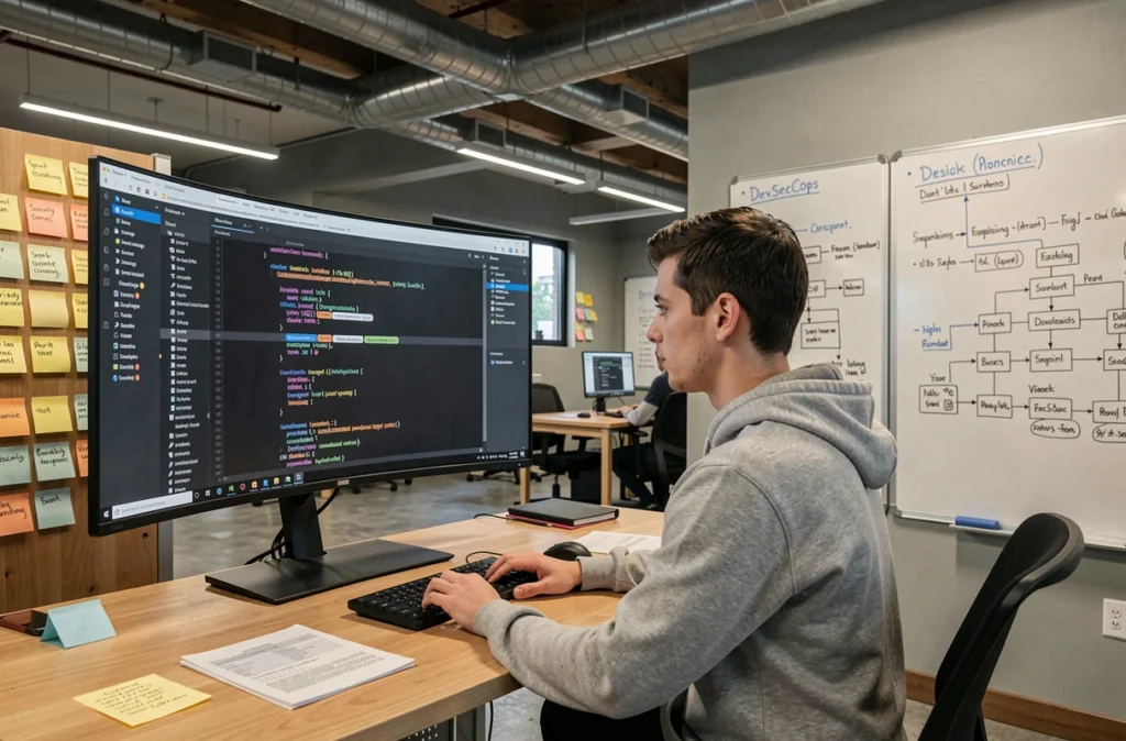 Développeur logiciel intégrant des outils de sécurité directement dans le cycle de développement applicatif dans un espace agile
