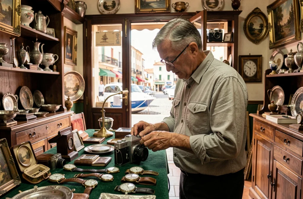Antiquaire de La Ciotat examinant une caméra vintage et des montres d'occasion sur un comptoir recouvert de feutrine verte dans sa boutique d'achat-vente