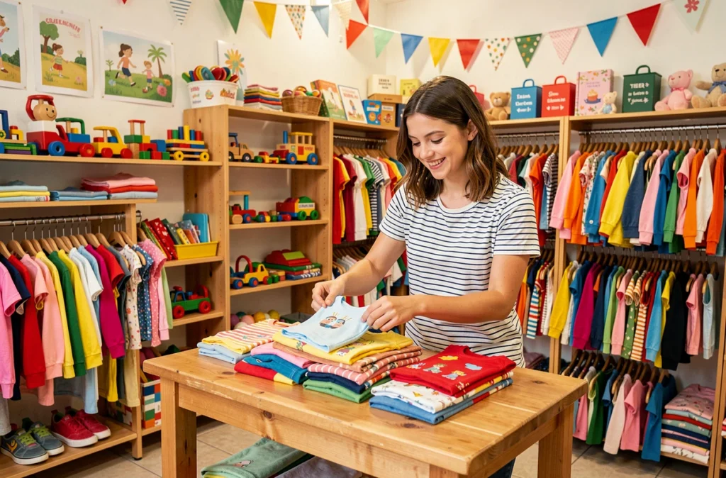 Vendeuse de la boutique Bambino à Aix-en-Provence pliant des vêtements d'enfants d'occasion parmi des rayons colorés de habits et jouets de seconde main