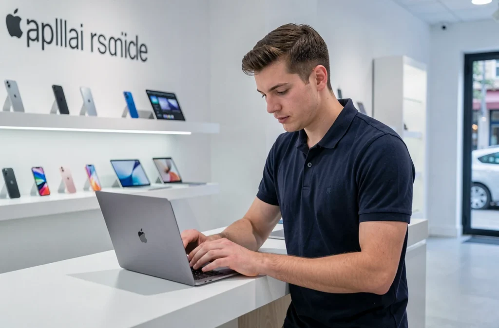 Technicien agréé Apple examinant un MacBook reconditionné dans le centre C&C à Marseille, spécialisé dans les produits Apple reconditionnés