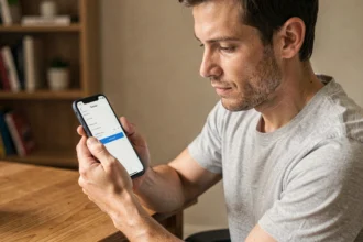 Homme configurant les paramètres IMAP de son webmail Nantes sur un smartphone Android dans un bureau à domicile