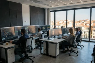 Centre opérationnel de cybersécurité moderne en Provence avec des professionnels surveillant des écrans de sécurité réseau