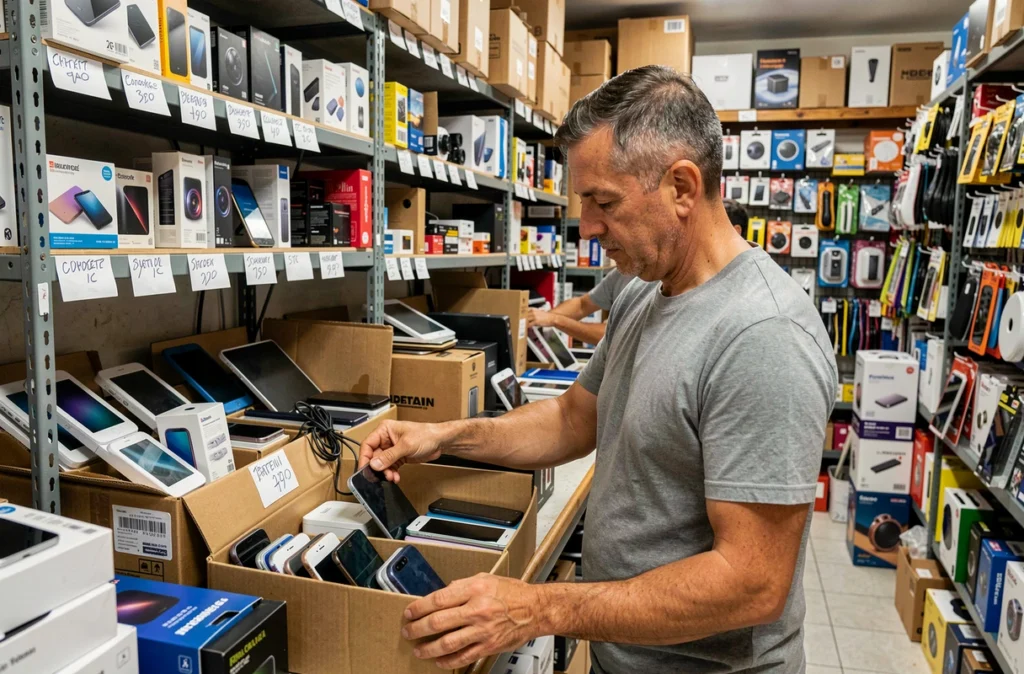 Gérant du dépôt-vente Massalia-Shop à Marseille triant des smartphones et tablettes reconditionnés parmi un large stock de matériel d'occasion
