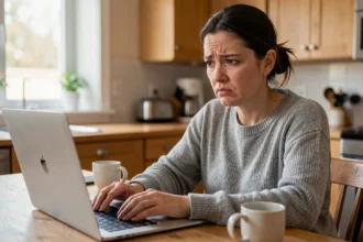 Femme frustrée devant un ordinateur portable incapable de se connecter à sa messagerie Akeonet