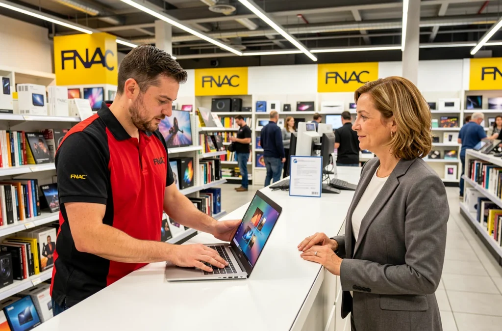 Employé FNAC en uniforme rouge présentant un ordinateur portable reconditionné à une cliente dans le magasin FNAC Marseille Centre Bourse