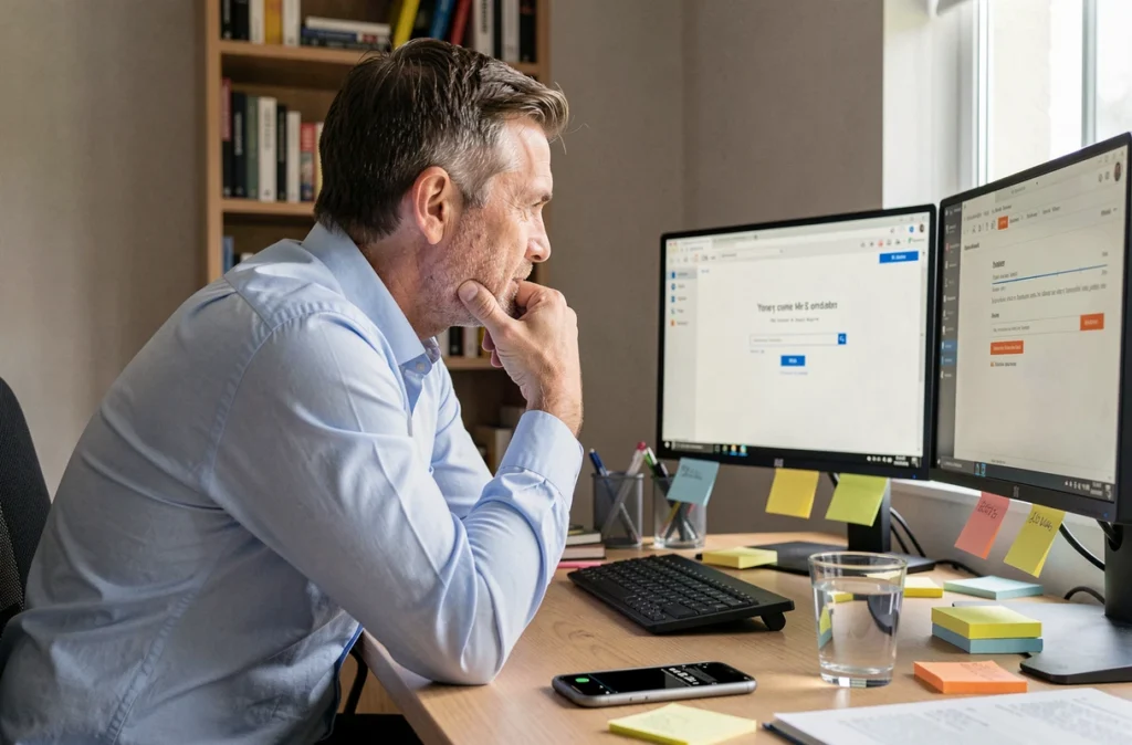 Homme au bureau essayant de résoudre un problème de connexion à sa messagerie en ligne