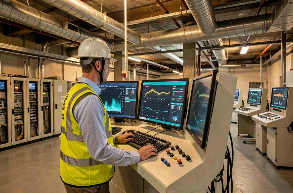 Spécialiste en cybersécurité industrielle travaillant à l'intersection des systèmes IT et OT dans une installation industrielle