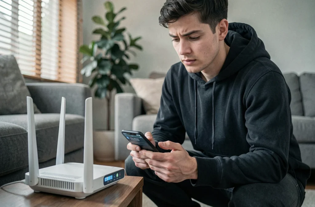 Jeune homme vérifiant la connexion de son routeur internet pour résoudre un problème de messagerie Akeonet