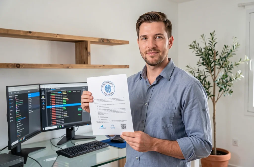 Développeur présentant un document certifié par un système de vérification d'intégrité des données numériques