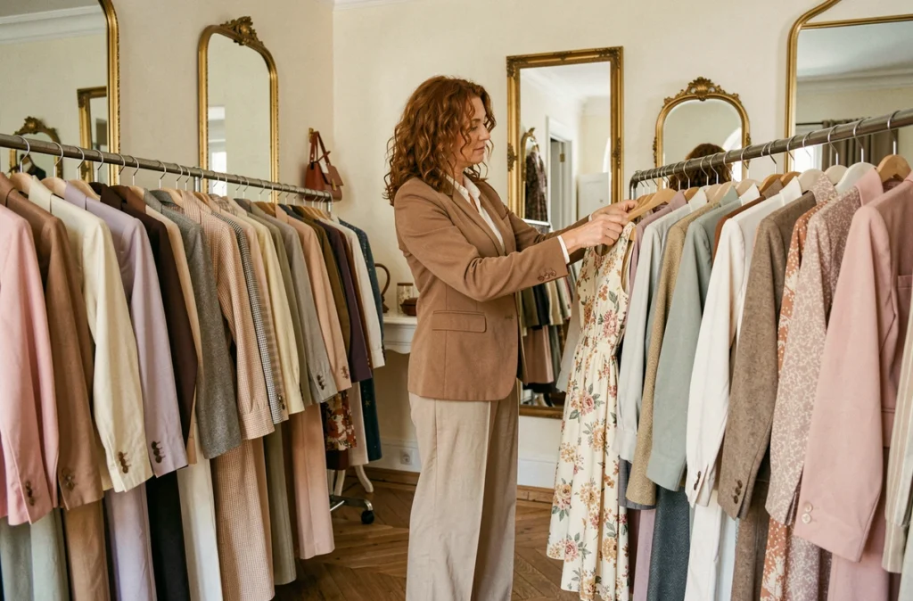 Propriétaire de la boutique La Malle de Jeanne à Aix-en-Provence accrochant une robe vintage sur un portant dans un dépôt-vente de vêtements élégants