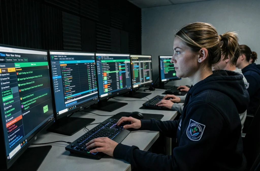 Analyste SOC surveillant en continu des alertes de sécurité réseau sur plusieurs écrans dans un centre opérationnel externalisé