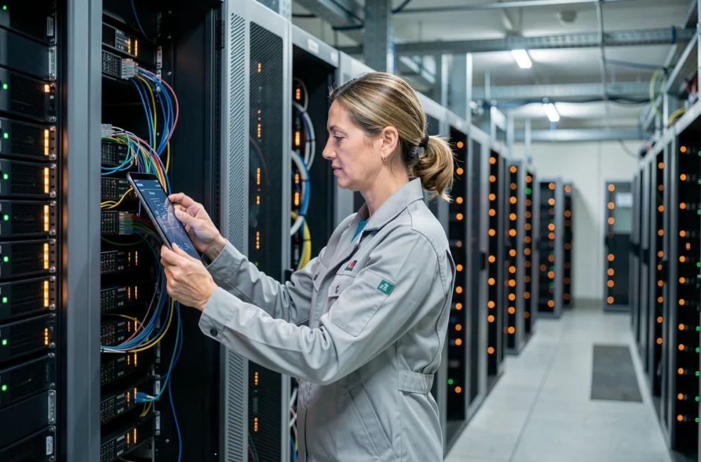 Ingénieure en sécurité réseau intégrant une architecture de sécurité dans un datacenter professionnel