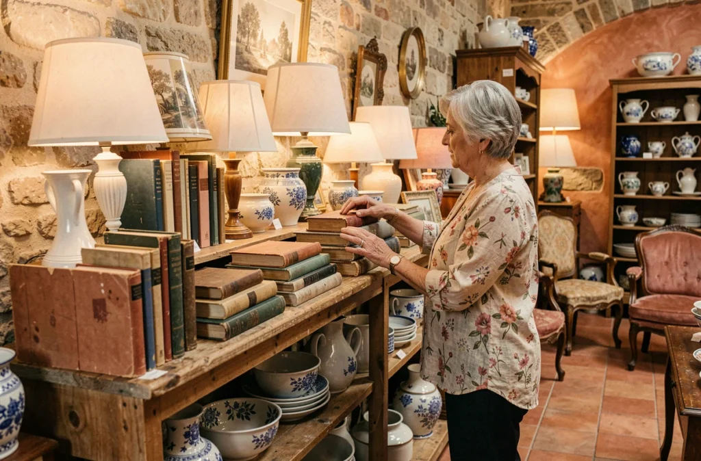 Commerçante arrangeant des objets de décoration reconditionnés et vintage dans la boutique Occadeco à Aix-en-Provence, avec des murs en pierre provençale