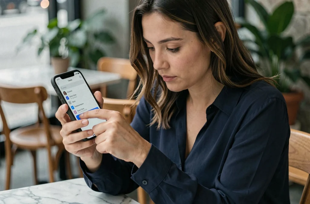 Femme consultant les paramètres IMAP de son webmail sur un iPhone dans un café urbain