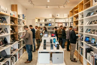 Intérieur d'un magasin de matériel électronique reconditionné dans les Bouches-du-Rhône, avec des rayons remplis d'appareils remis à neuf et des clients qui naviguent entre les produits