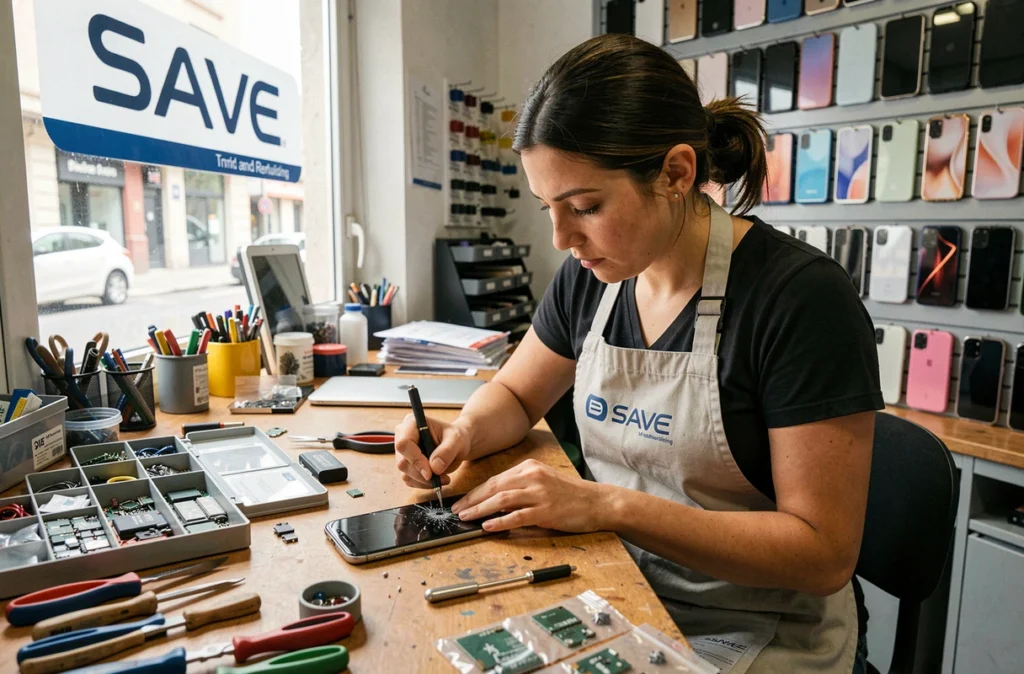 Technicienne SAVE en tablier réparant l'écran d'un smartphone sur un établi dans une boutique SAVE à Marseille spécialisée dans le reconditionné