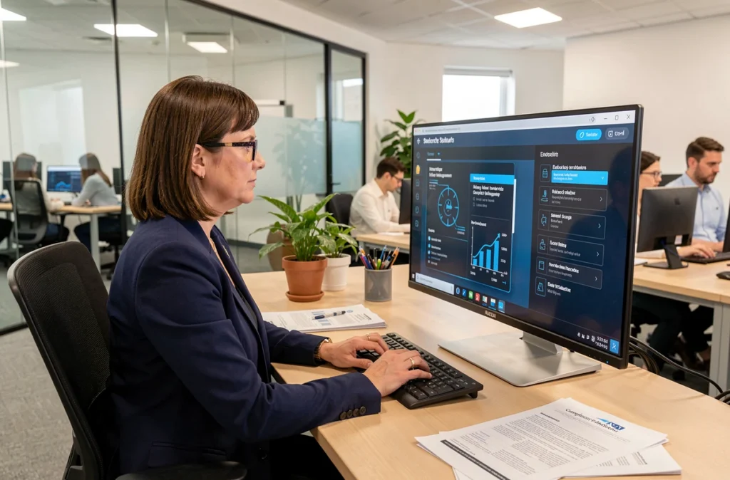 Responsable de la sécurité des systèmes d'information analysant un tableau de bord de gestion des risques dans un bureau moderne