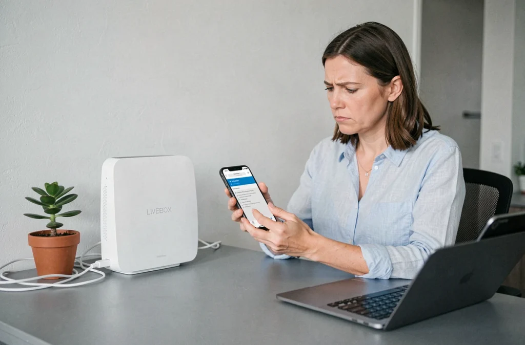 Femme consultant son téléphone pour résoudre un problème de connexion avec une Livebox 5 clignotant en blanc sur un bureau à domicile