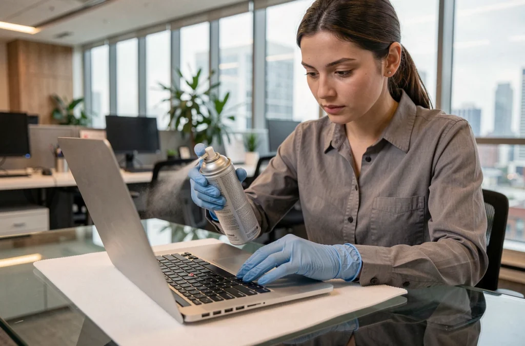 Spécialiste informatique nettoyant un ordinateur portable dans le cadre d'une maintenance préventive au bureau