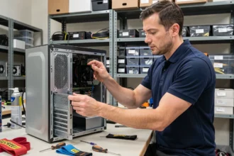 Technicien informatique effectuant la maintenance préventive d'un ordinateur de bureau en entreprise