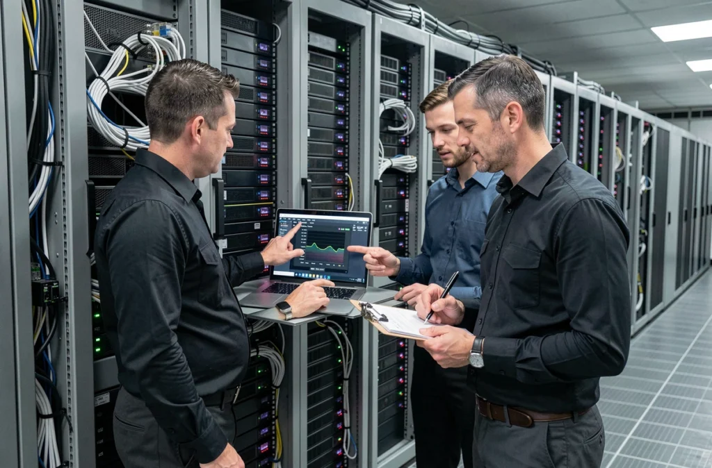 Deux techniciens informatiques analysant les données de maintenance préventive des serveurs en salle informatique