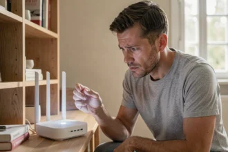 Homme inspectant le voyant blanc clignotant d'une Livebox 5 posée sur une étagère en bois dans un salon moderne